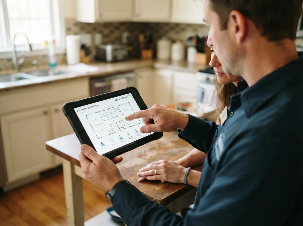 Water damage restoration technician inspecting a home in Aurora, MO